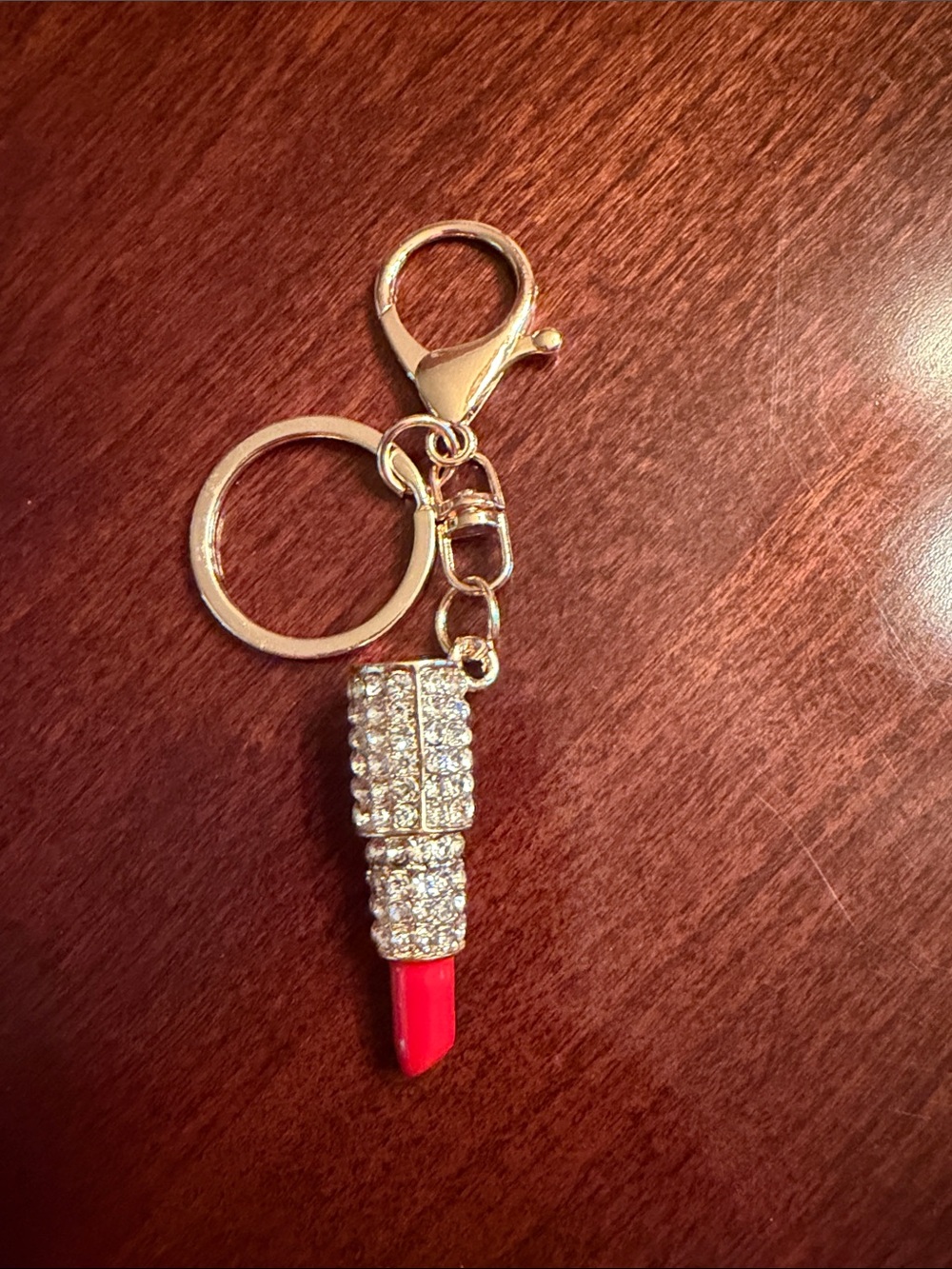 Gold Rhinestone Lipstick Keychain - Red